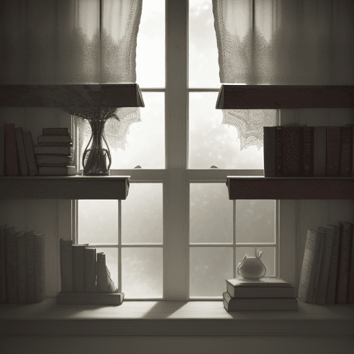 AI generated: Render shelves of books seen through a rustic windowpane, buffered by lace curtains on an overcast d...