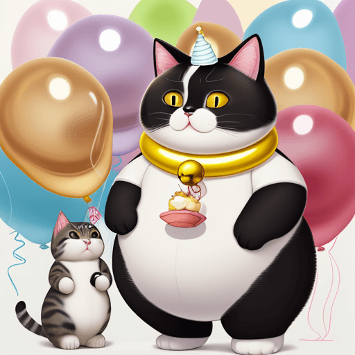 AI generated: A chubby male cat, a hybrid of Khao Manee and Snowshoe breeds, with a bell around its neck, is stand...