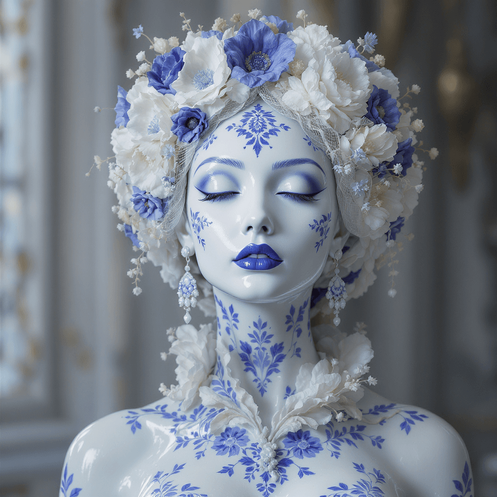 AI generated: hyper‑realistic female portrait made of polished porcelain, intricate cobalt‑blue floral patterns fl...