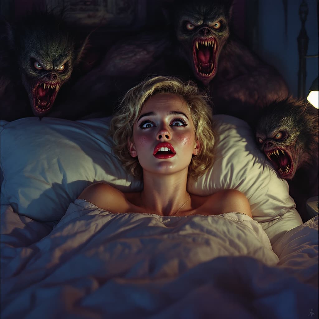 AI generated: In the hyperreal style of Tom Bagshaw, a vibrant, dynamic, horror-inspired, colorful image of an att...