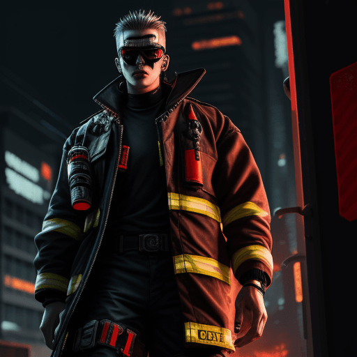 AI generated: male cyberpunk style firefighter,
