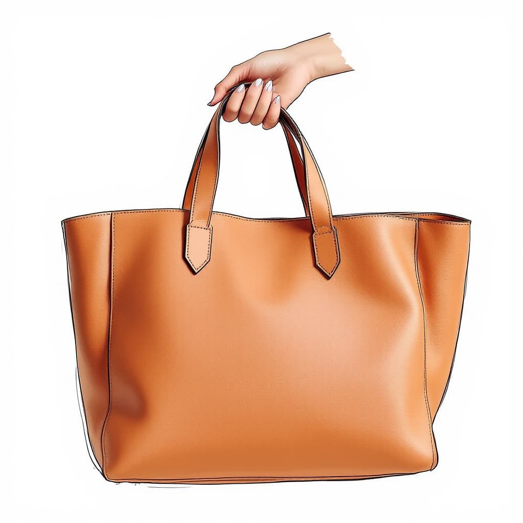 AI generated: close-up of a woman's hand holding a stylish leather tote bag by the handle, seen from the side, onl...