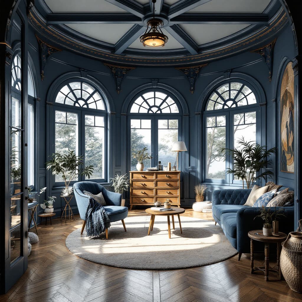 AI generated: High resolution photography interior design, circular room, wooden floor, craftsman  windows, art no...