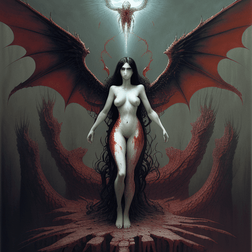 AI generated: (masterpiece, best quality), 1lady, solo, (white scaly body), halo, wings, fallen angel, black hair,...