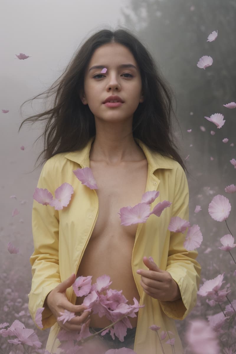 AI generated: she is only wearing a bright yellow rain coat that that she pushed to the side. revealing her naked ...