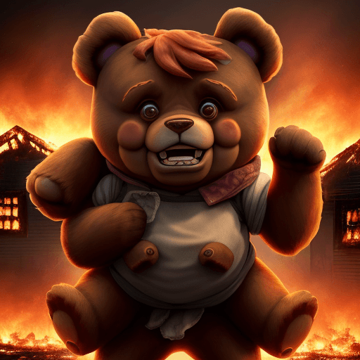 AI generated: Annie and tibbers on front, annie cry for her house burning, tibbers is big, chaos on fire, HD, 8k