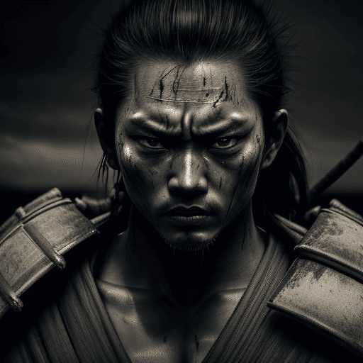 AI generated: Samurai looks at the enemy, stands after the battle, fear and horror on his face, tired and beaten, ...