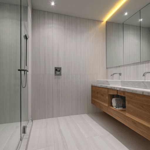AI generated: High resolution photography interior design, ,marble floor tiles ,wc,bidet,spot lights,led lights,in...