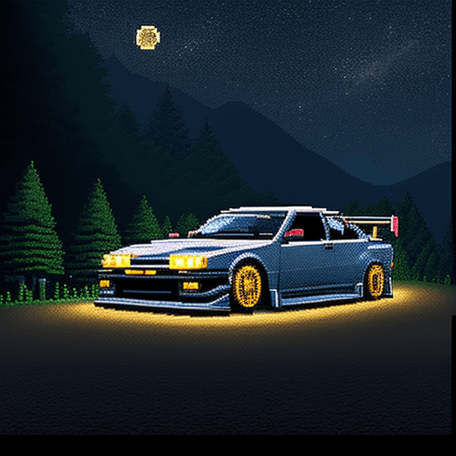 AI generated: pixel art concept of a modified Japanese car drifting downhill through forested mountains at night. ...