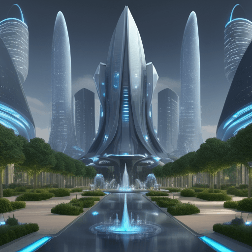 AI generated: create futuristic city
 with fountains and trees big futuristic architecture
