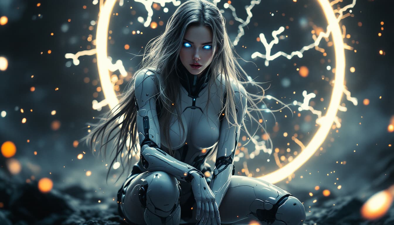 AI generated: In a breathtaking 8K wallpaper, a stunning female android combatant from the future crouches on one ...