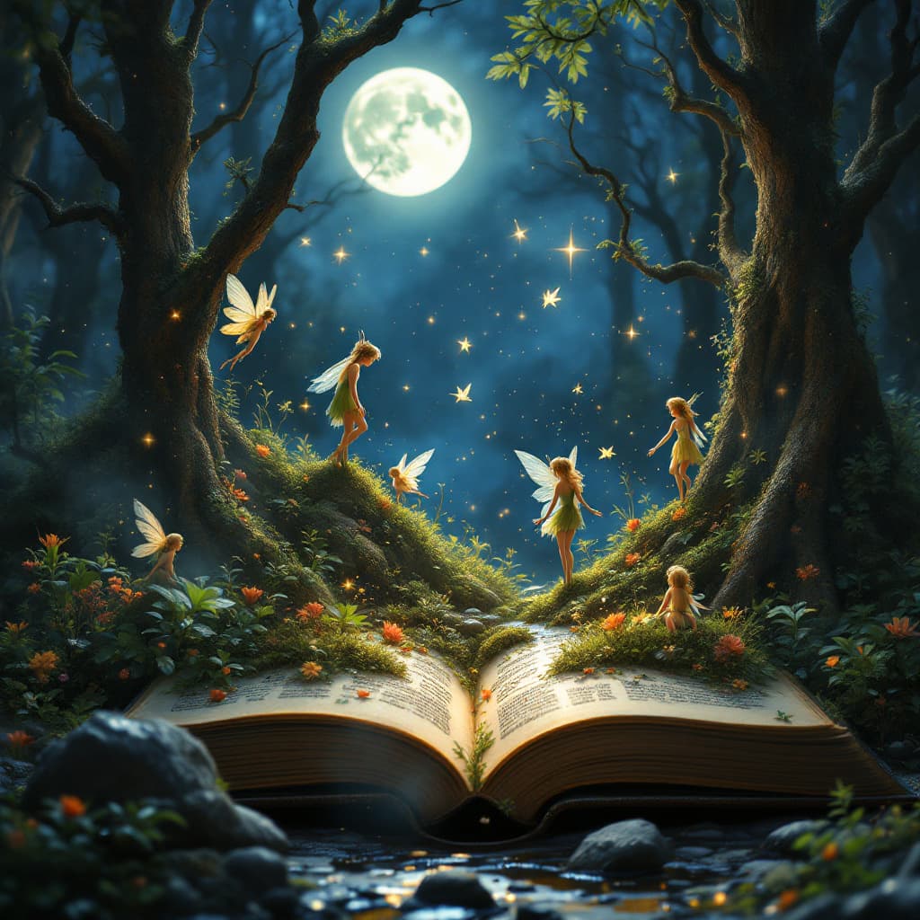 AI generated: “Miniature forest with elves and fairies from an open book, full moon and stars, light particles, de...