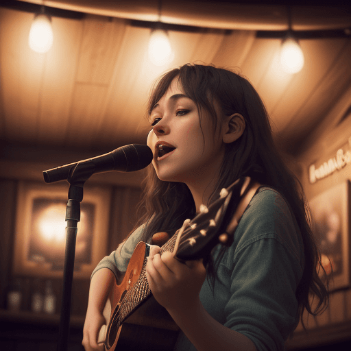 AI generated: In a cozy pub, a talented female singer - songwriter takes the stage, pouring her heart into heartfe...