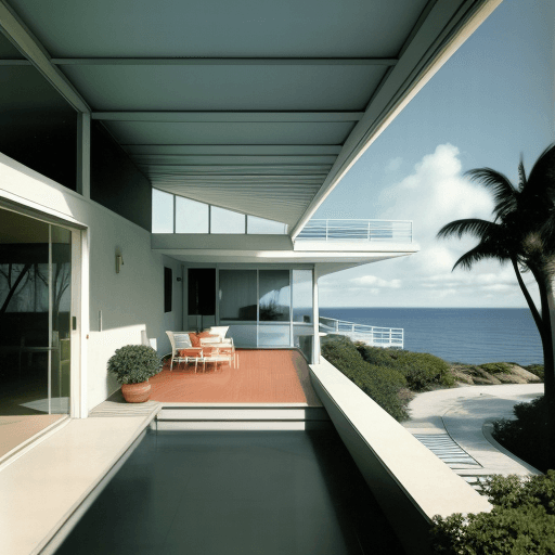 AI generated: Hyper realistic eye level exterior photo of a mid century modern style house overlooking the ocean, ...