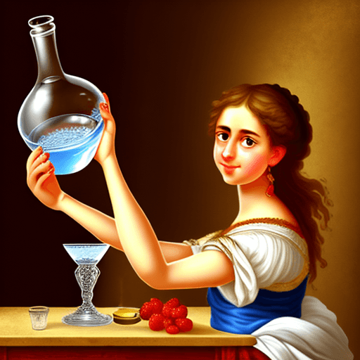 AI generated: friendly Greek girl offering to pour water into an empty glass.
style: baroque