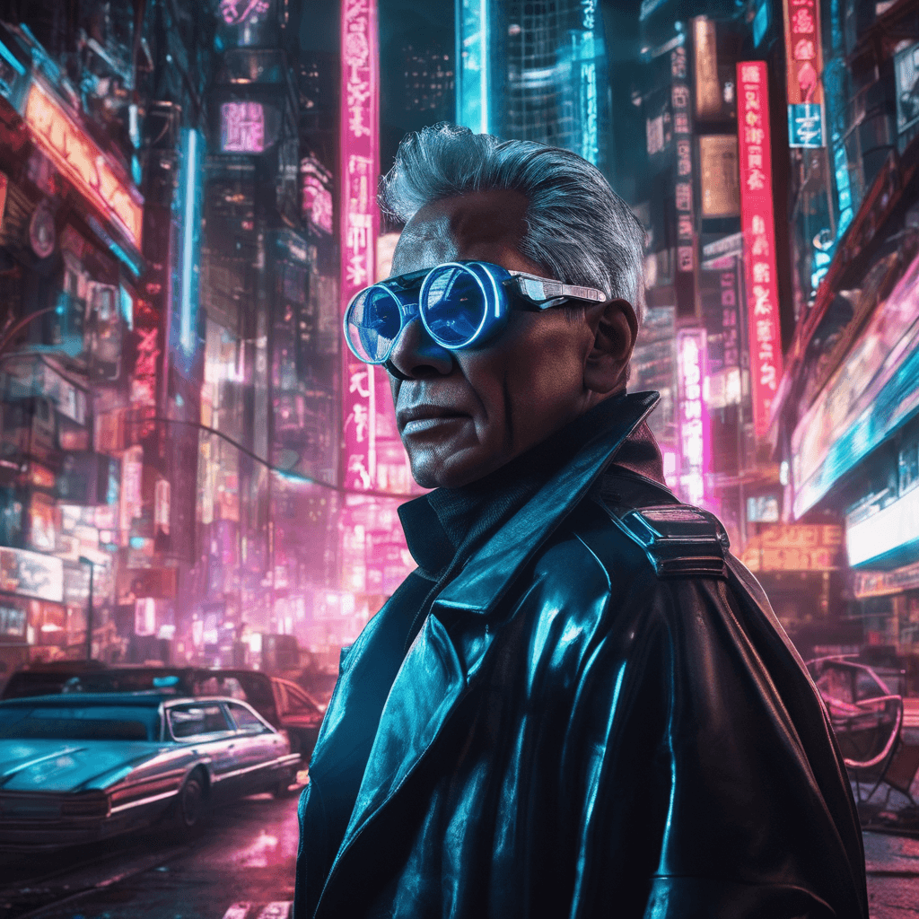 AI generated: Cimematic shot, A cybernetically enhanced 45-year-old detective, wearing a futuristic trench coat an...