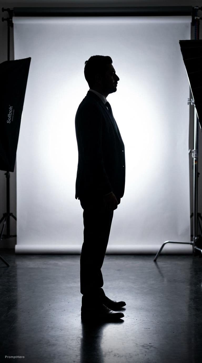 AI generated: Capture a male model's silhouette, white backdrop in photo studio, strong backlit lighting creating ...