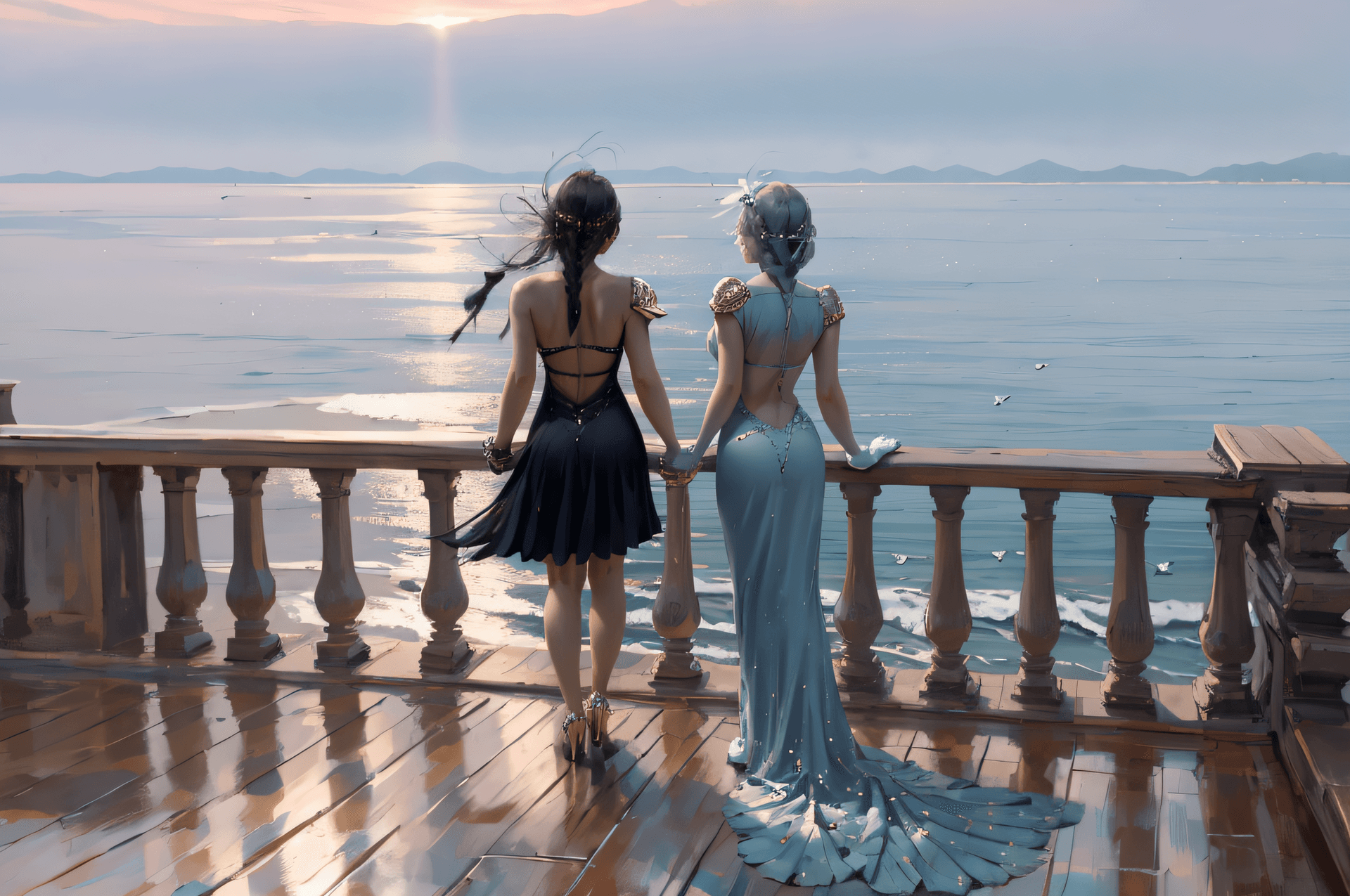 AI generated: sunset, long hair, short hair, multiple girls, skirt, black hair, hair ornament, gloves, dress, 2gir...