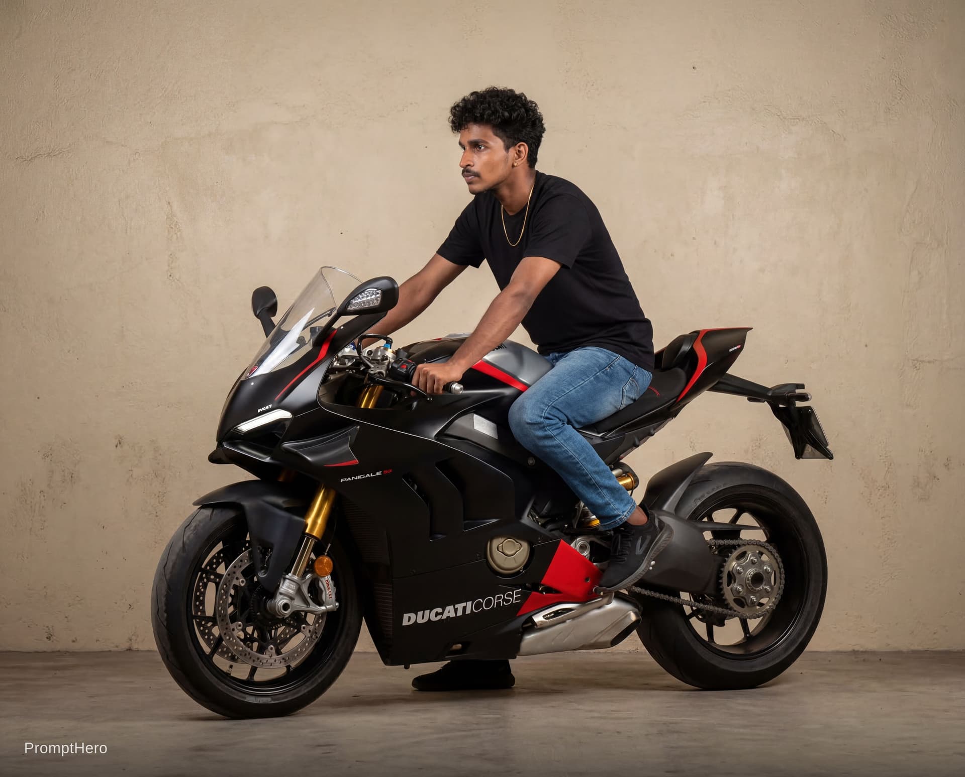 AI generated: The boy faced as this photo wants to be sitting on this bike with a black tshirt and a blue jeans wi...