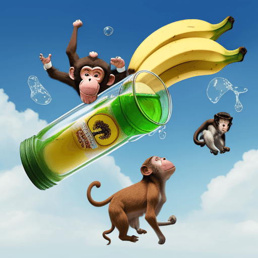 AI generated: monkey and dog flying in air with drinking glass of banana juice
