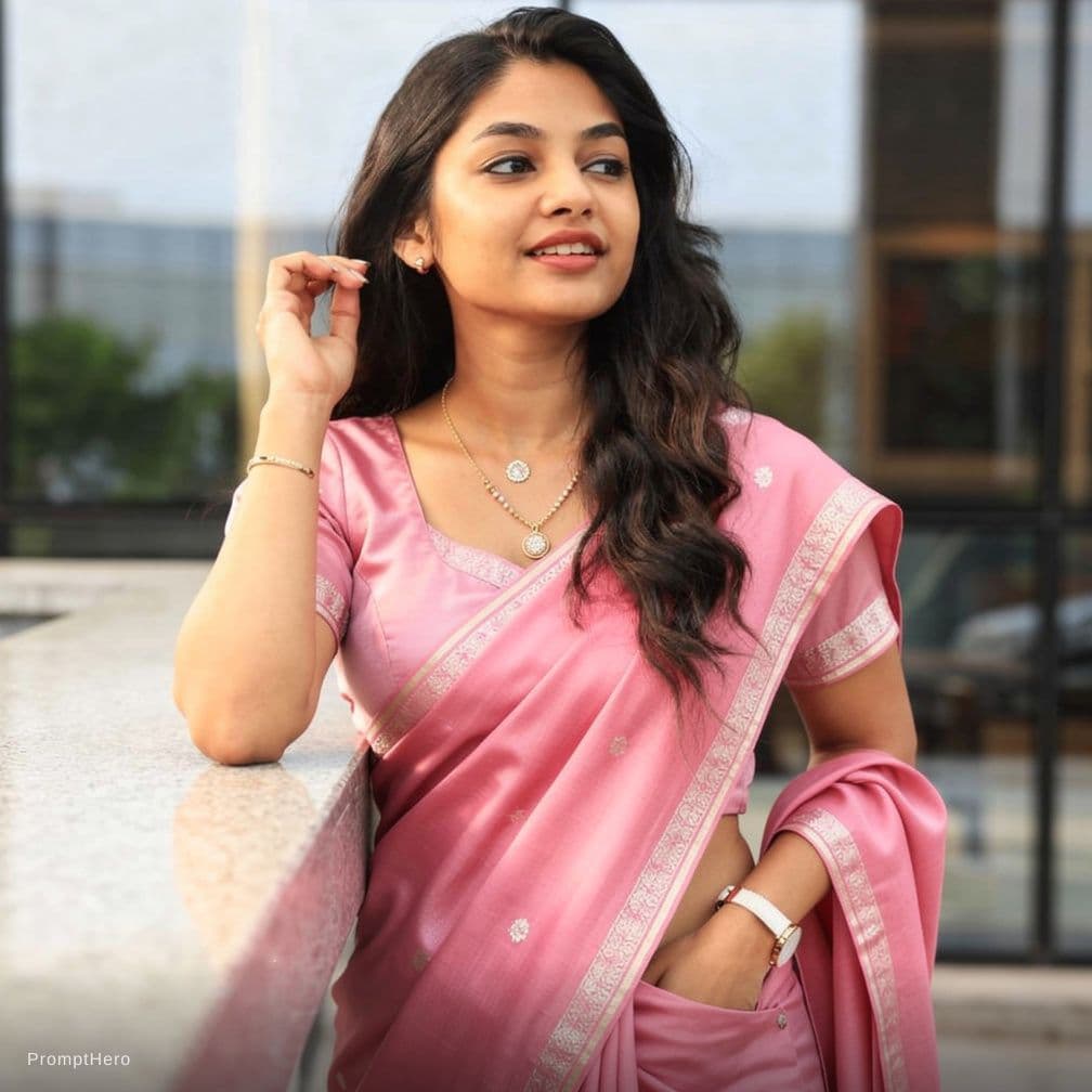 AI generated: Make a wear a pink saree . Make her to show his navel and make her give naughty look . And make to b...