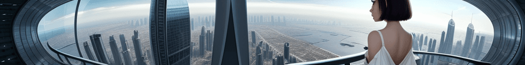 AI generated: a photo of a small breasted woman standing on the balcony of a skyscraper with a view on futuristic ...