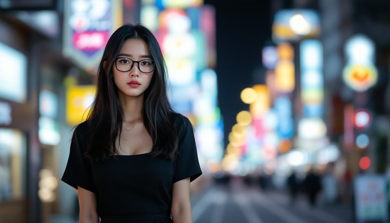 AI generated: Full body photo of Risa, a Japanese girl, wearing a black short-sleeved long dress, Make a solemn ex...