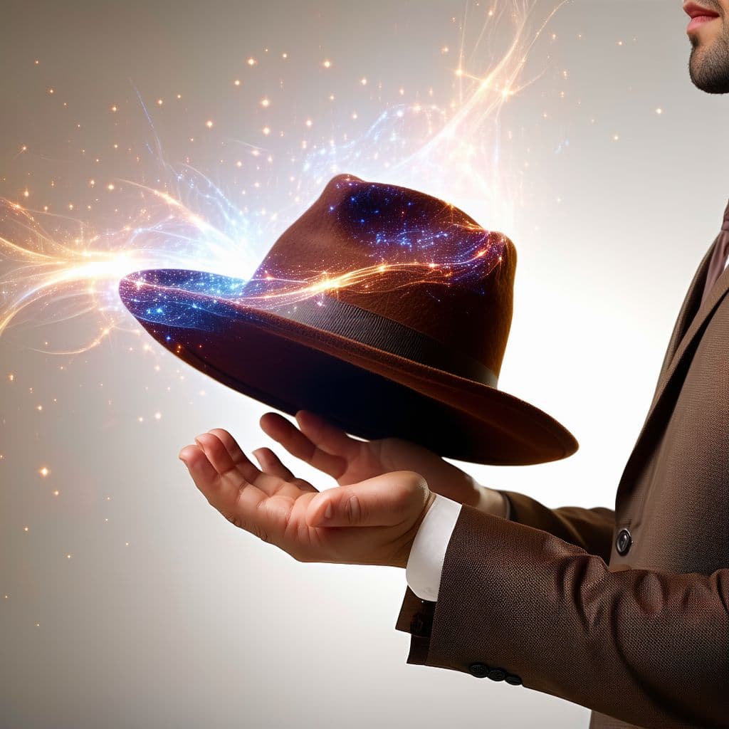 AI generated: A hat being handed towards the viewer. The hat is being handed by a man in a brown suit. We can see ...
