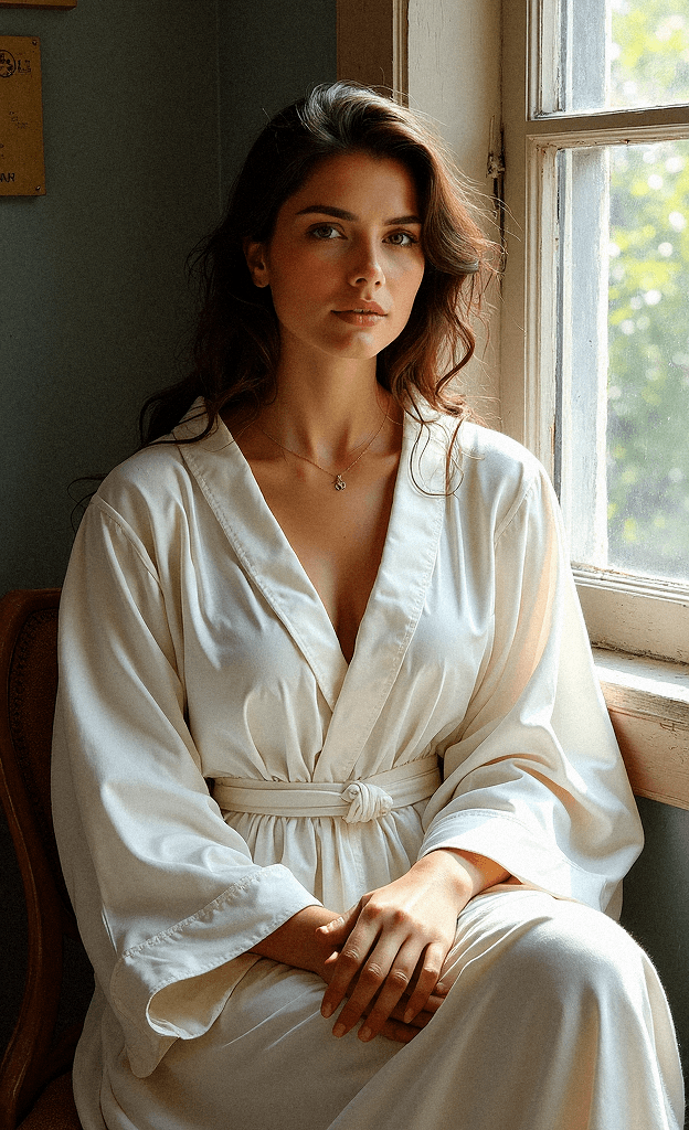 AI generated: Serene portrait of a woman seated by a window, wearing a cream robe, soft sunlight, calm expression,...