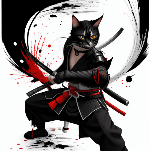 AI generated: samurai-cat, katana on belt, yellow eyes, black and white picture, black and red smudges --v 4
