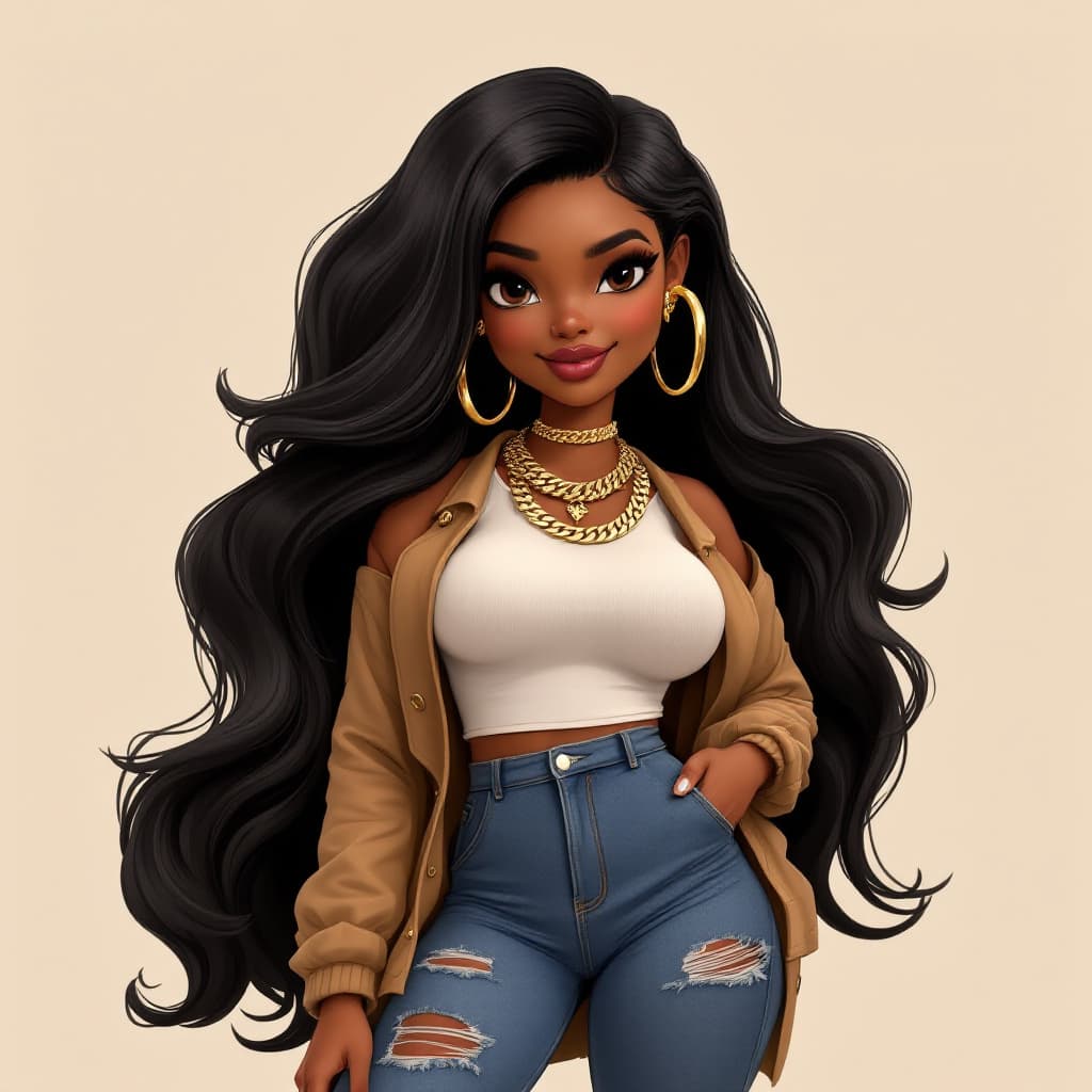 AI generated: create in the style of 3D Disney Pixar like African American curvy chibi with loving and cheerful ex...