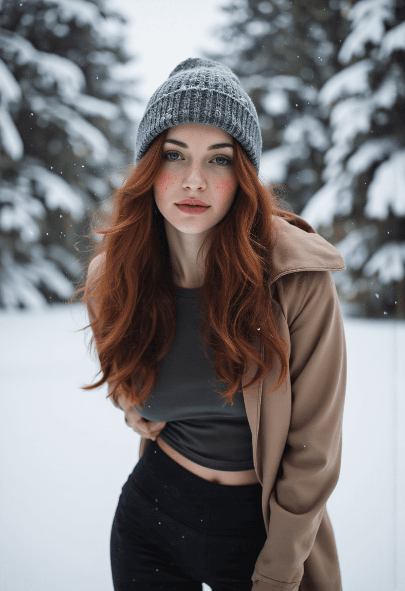 AI generated: A woman stands in the midst of a winter wonderland, her long wavy auburn hair framing her face as sh...