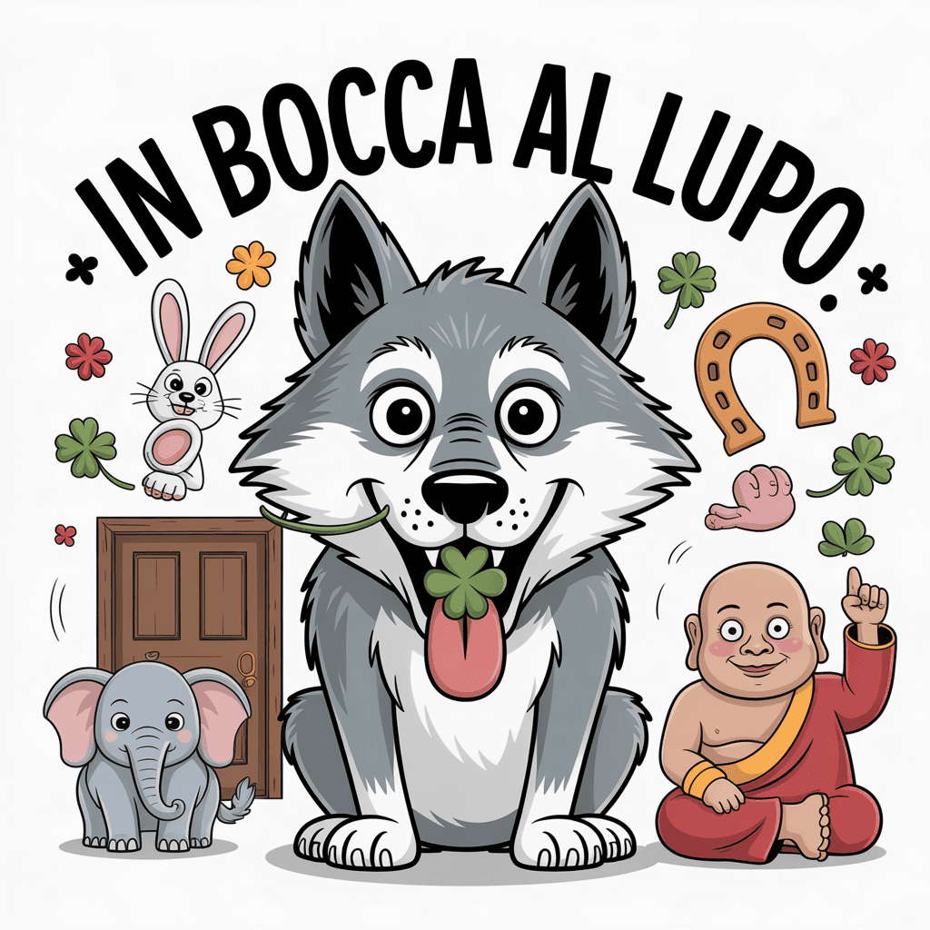 AI generated: I'd like a funny, ironic illustration based on the Italian phrase in highlight "in bocca al lupo," w...