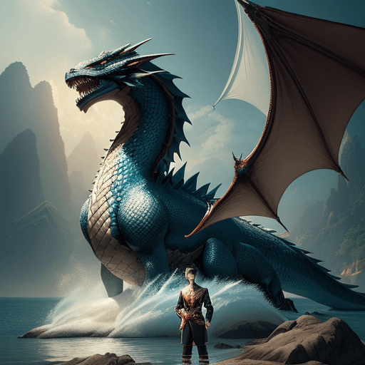 AI generated: a gorgeous youth asian man ,blackhair and sidepart hairstyle ,is standing in the water next to a dra...