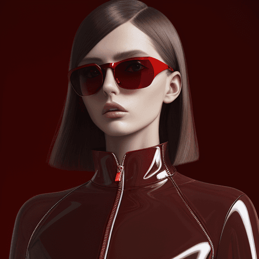 AI generated: Fashion shoot, Jacquemus and Moncler collaboration: dark  red  translucent futuristic sunglasses, hy...
