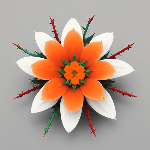 AI generated: plant with multicolored thorns, with a single orange white flower