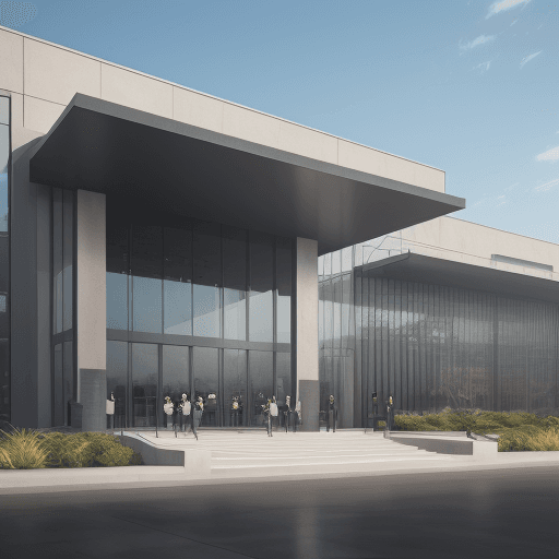 AI generated: Exterior facade with a modern style of a single-story art gallery or pavilion, featuring a lobby for...