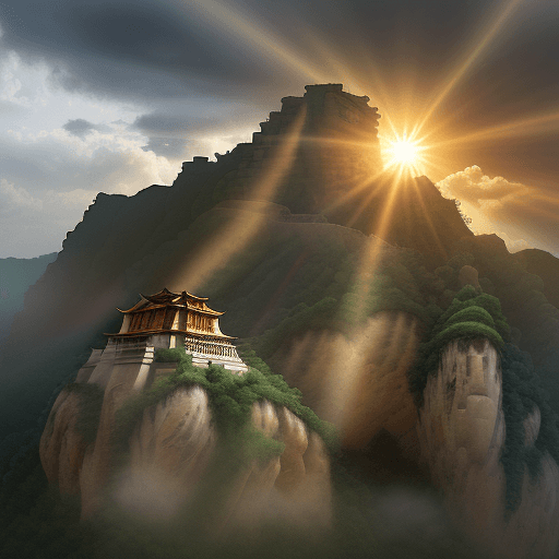 AI generated: 16-bit pixel art with sunlight shining through clouds on the ancient Longmen Grottoes. The picture s...