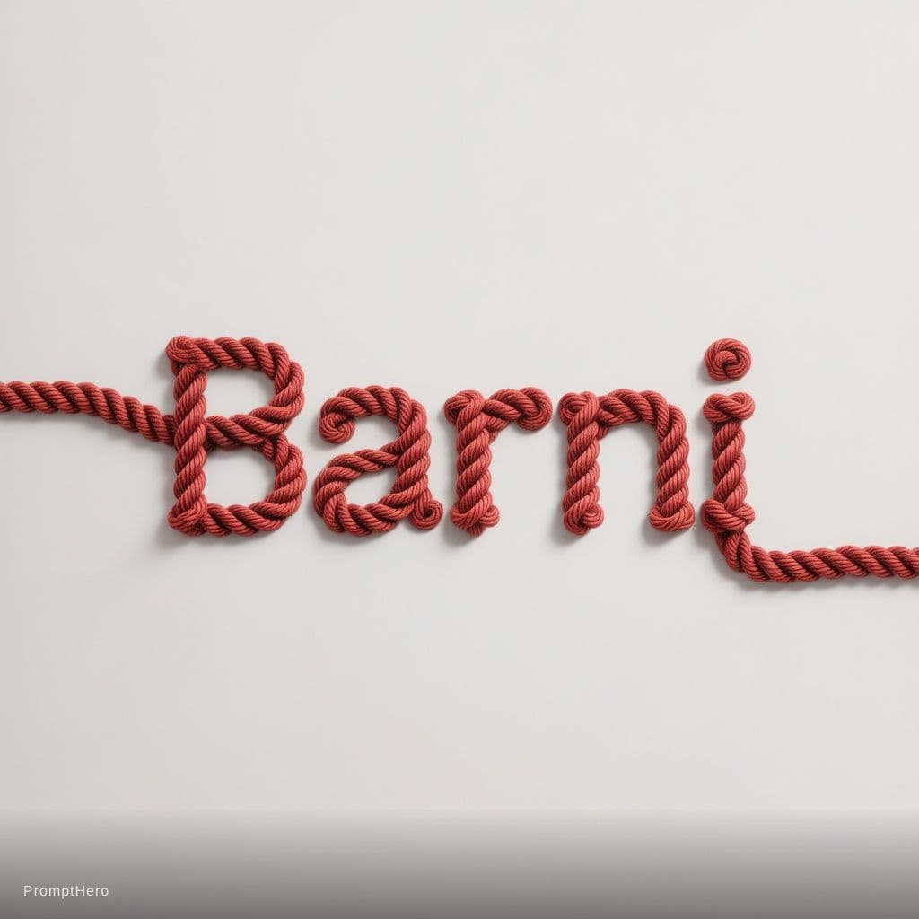 AI generated: A minimalist design of the word "Barni" formd by a single piece of red rope against a white backgrou...