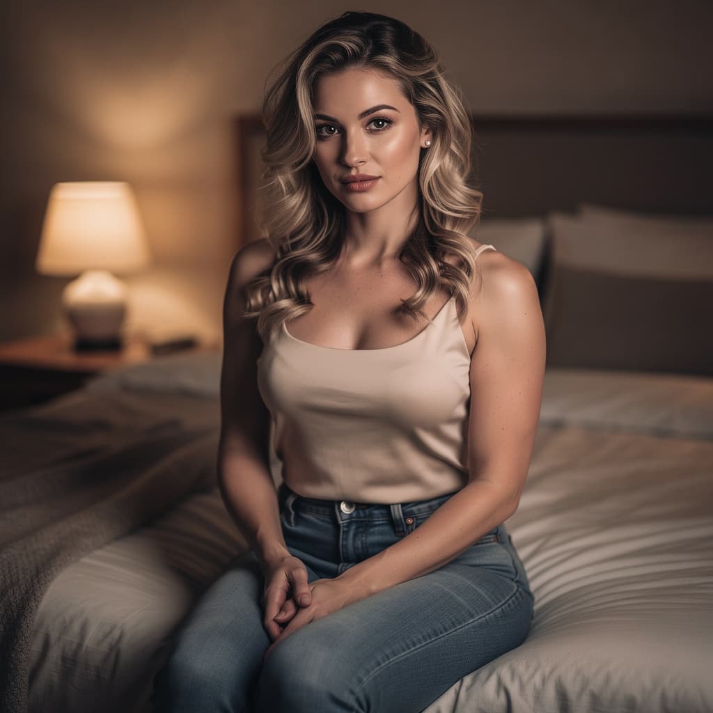 AI generated: A fit adult woman with soft, natural skin tones sits on a bed in a dimly lit room. Her blonde with d...