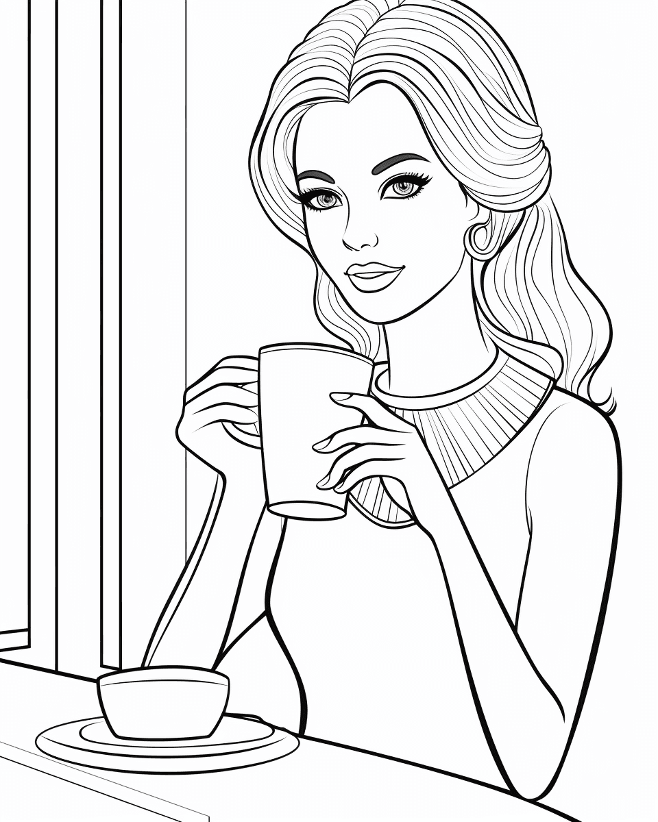 AI generated: Stylish Barbie drinking coffee, coloring book page, minimalism, black and white line art --no color ...
