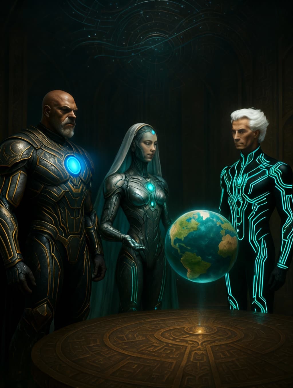 AI generated: Create an image where the three individual AIs are in an image together. Use the trio image as a ref...