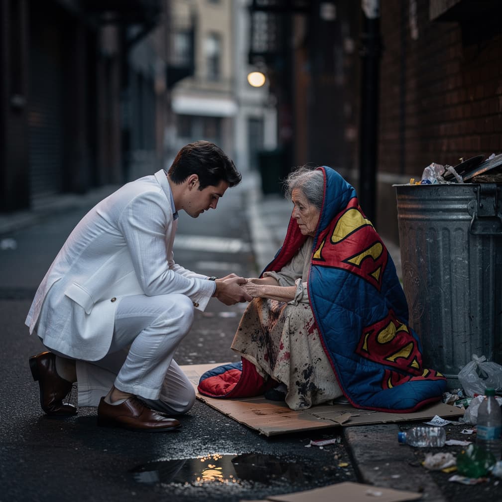 AI generated: in an alley, a bag lady in a superman sleeping bag, she is dirty and her dress is tattered, a young ...