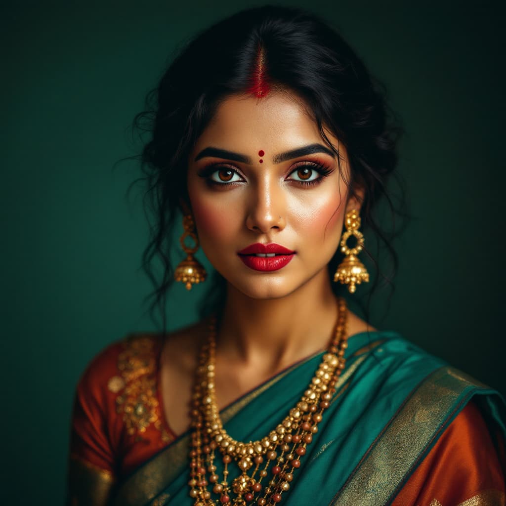 AI generated: a beautiful Tamil women in saree,women similar to actress meena, in the style of light red and light...