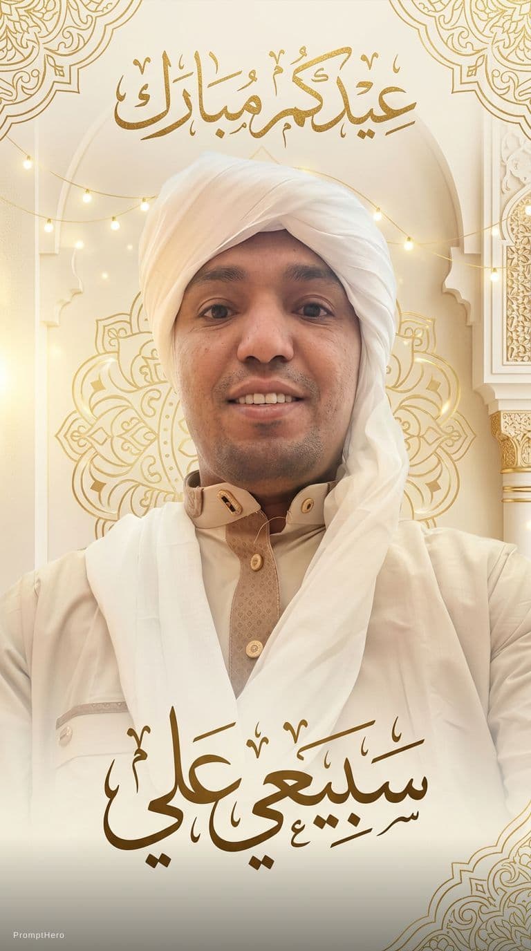AI generated: Design a premium personalized Arabic Eid greeting card based on the attached portrait photo, keeping...