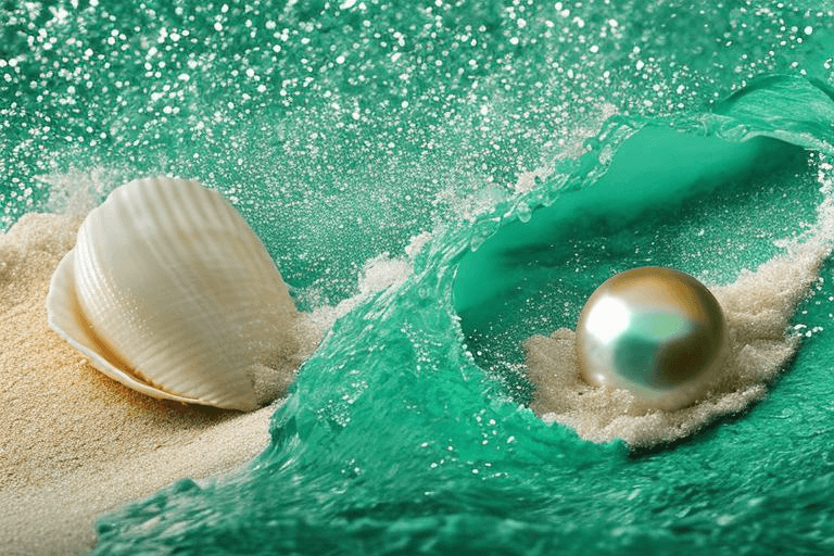 AI generated: Tiffany blue, a sea shell, a pearl, sand and wave