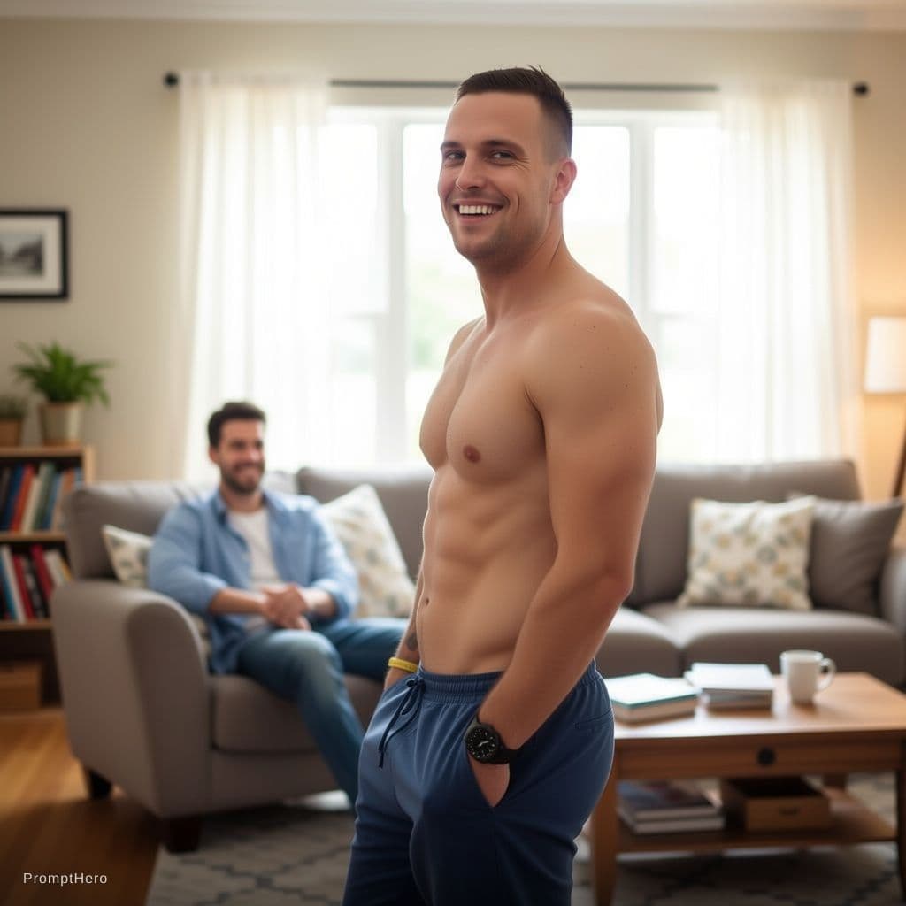 AI generated: Change the man in the picture to a different side profile. Add him casually at home happy still shir...