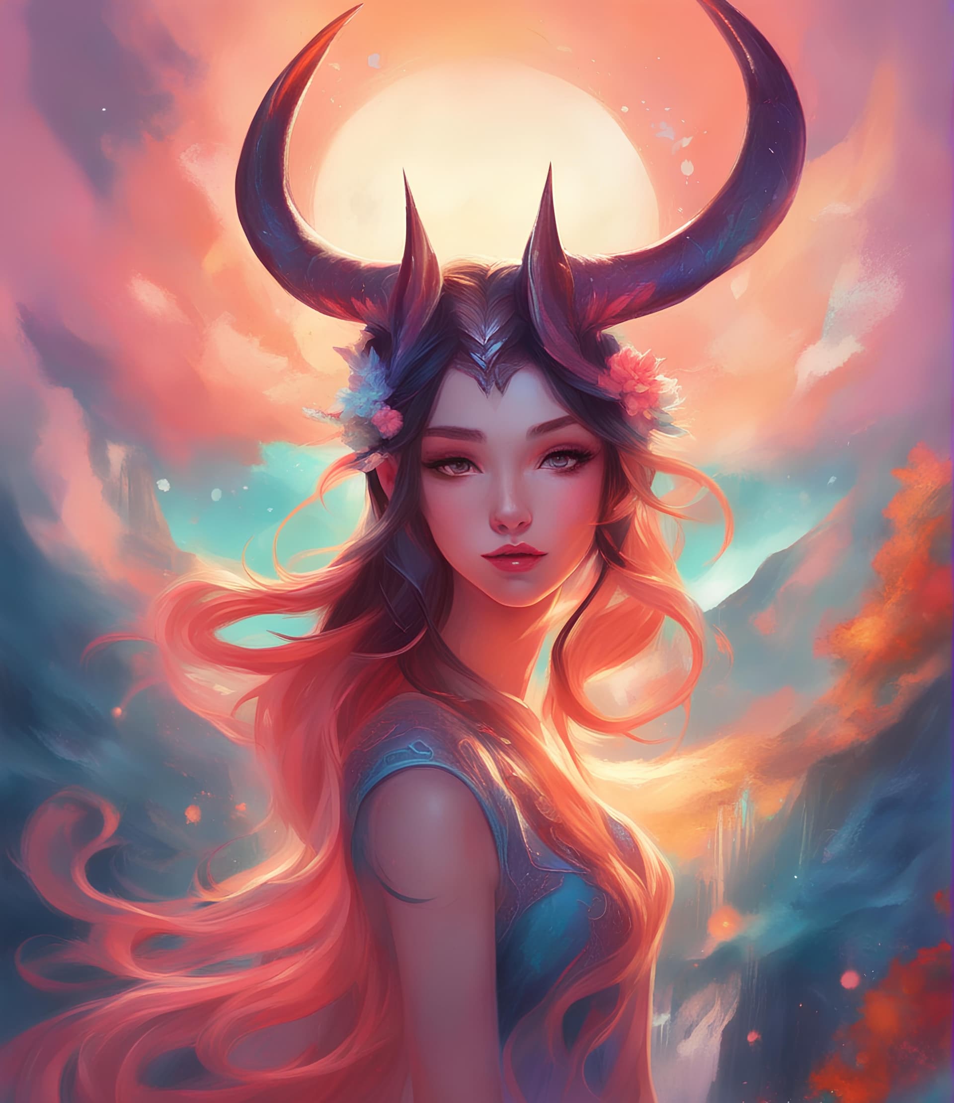 AI generated: a girl with horns on her head, inspired by rossdraws, tumblr, lisa frank & sho murase, dark vibrant ...