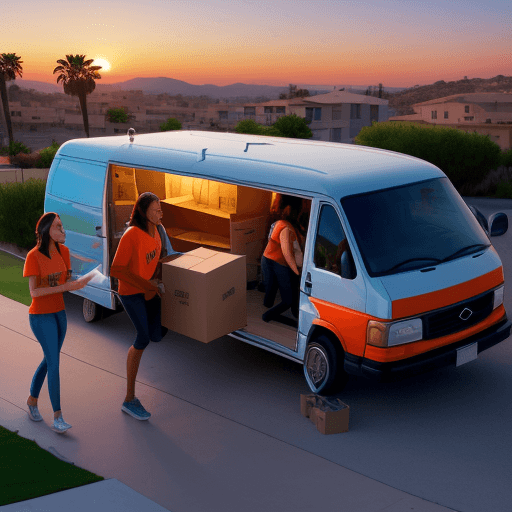 AI generated: AN IMAGE OF CALIFORNIA STUDENTS MOVING HOUSES IN A NICE SUMMER SUNSET LOADING THE VAN OF SELD MOVE H...