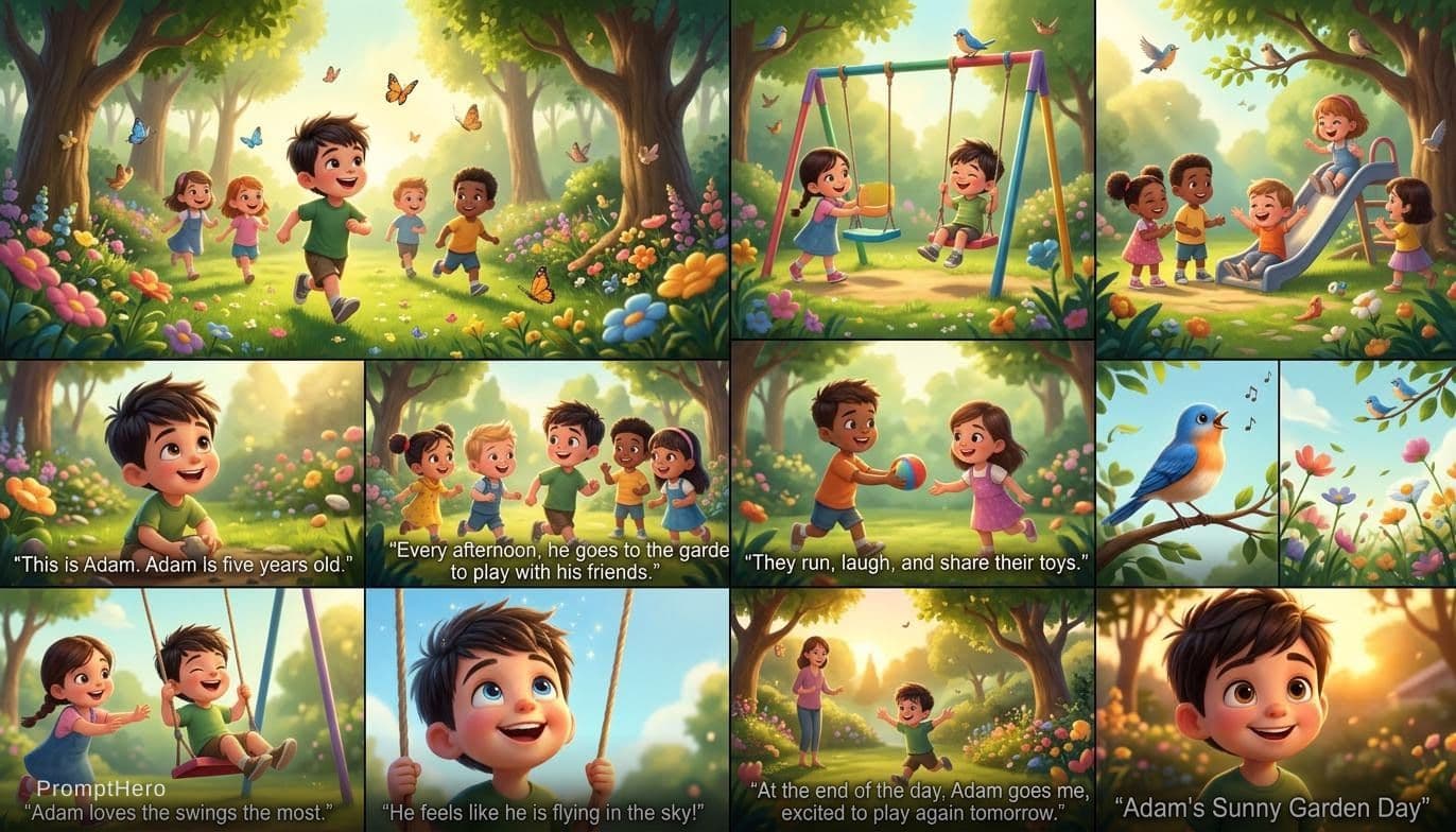 AI generated: Create a 1-minute colorful 3D animated cartoon video about a 5-year-old boy named Adam playing in a ...
